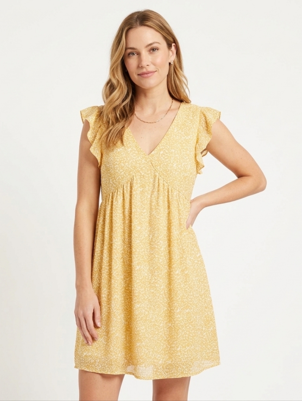 Sunny Yellow V-Neck Mini Dress with Ruffled Sleeves